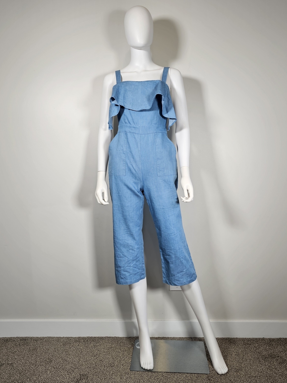Hilary Macmillan Light Blue Ruffle-Front Women's Denim Look Jumpsuit Sz XS